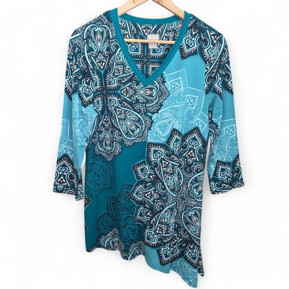 Chicos Top‎ Womens 1 US Medium Teal Paisley Print V Neck Tunic Stretch Casual